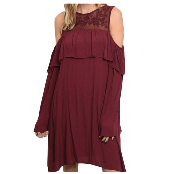 Cold Shoulder Burgundy Dress Long Sleeve Layered Ruffle Detail - Picture 1 of 9